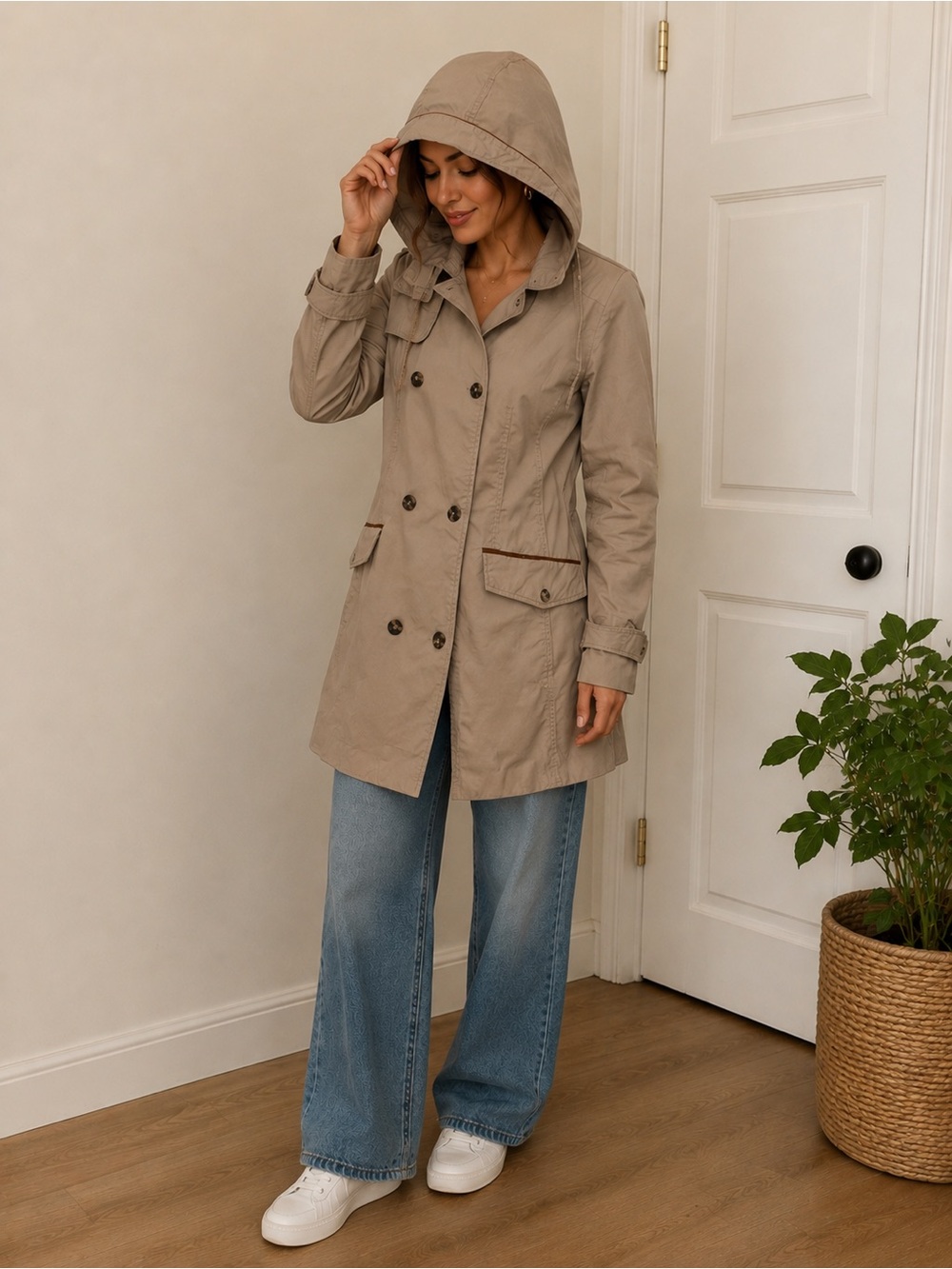 Zara Hooded Double-Breasted Trench Coat - Taupe